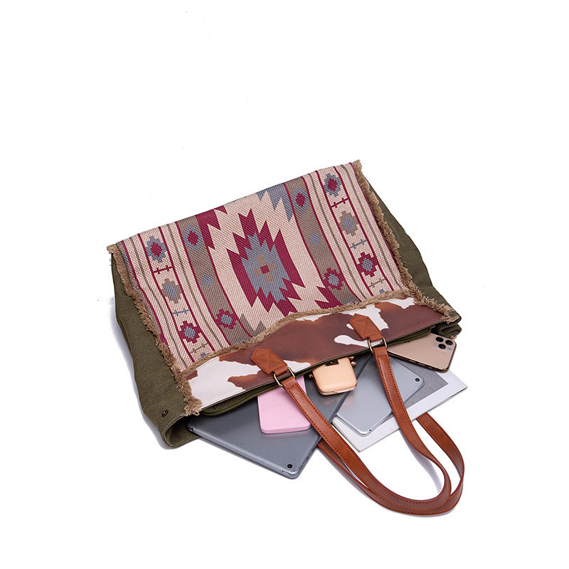 Túi Tote Nữ Vải Canvas Cotton Họa Tiết Bohemian Vintage Đeo Vai, Đeo Chéo, Xách Tay Màu Nâu, Xanh, Đỏ, Be chi tiết 16