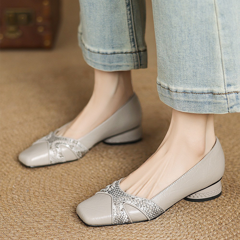 Giày bệt nữ mũi vuông gót thấp 3cm phối màu thanh lịch — đen, màu xám