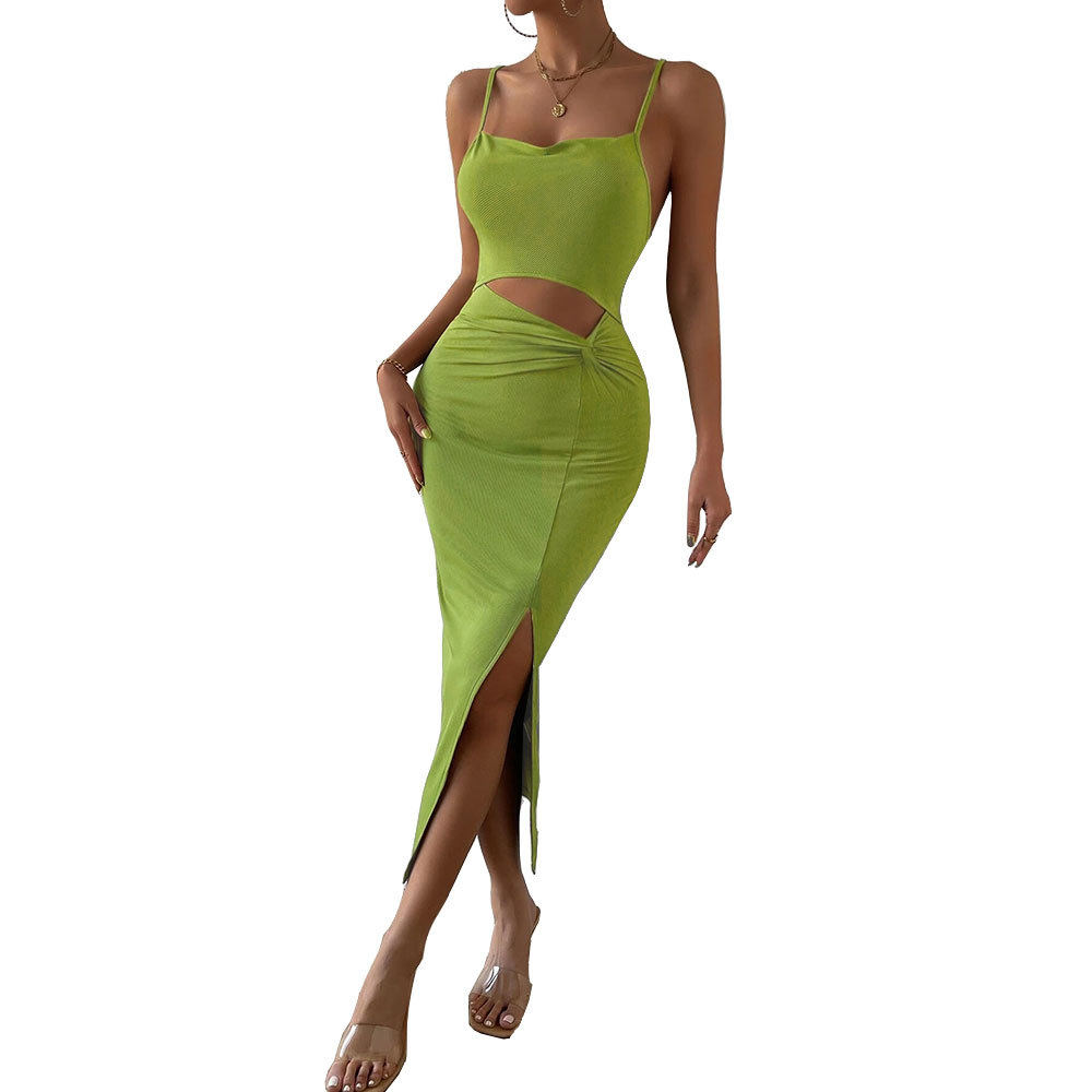 Hollow Out Split Hem Bodycon Knit Dress Adjustable Spaghetti Straps Figure Hugging Fit Sexy Style Ready to Ship