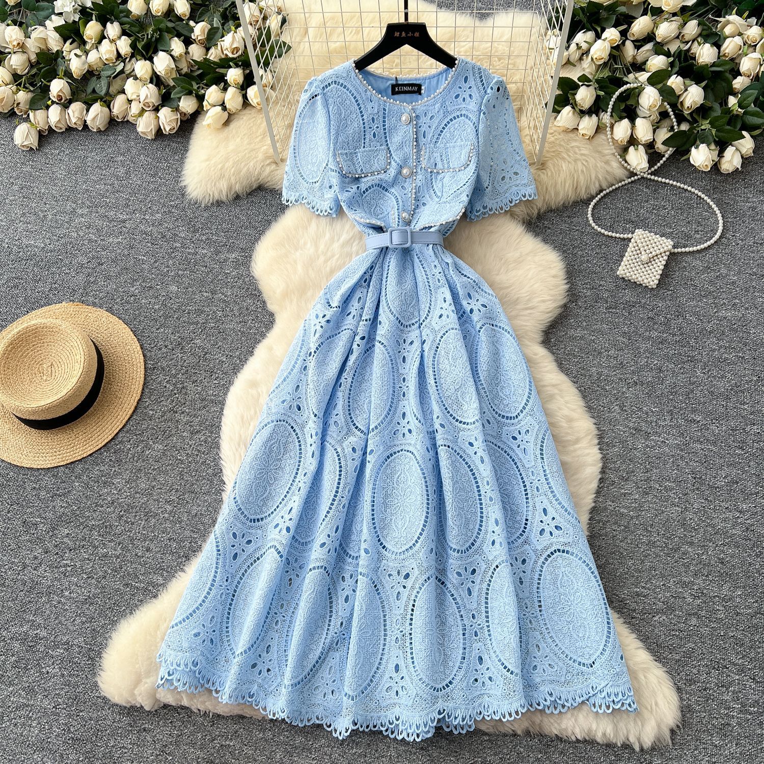 French Elegant Beaded Lace Dress Round Neck Short Sleeve Waist Tie Hollow Out Design Perfect for Parties and