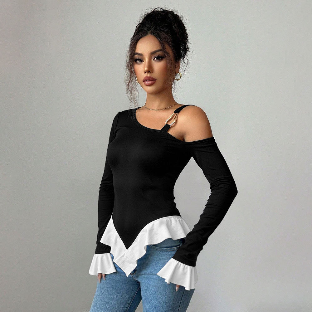 Black One Shoulder Top with Metal Ring Detail Asymmetrical Hem Ruffled White Trim Spring Summer Fashion Wholesale