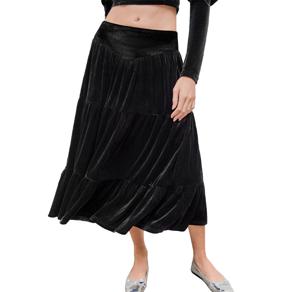 Mid Length Ruffled Velvet Skirt Elegant Design Soft Fabric Comfortable Fit Spring Summer Fashion Wholesale Available