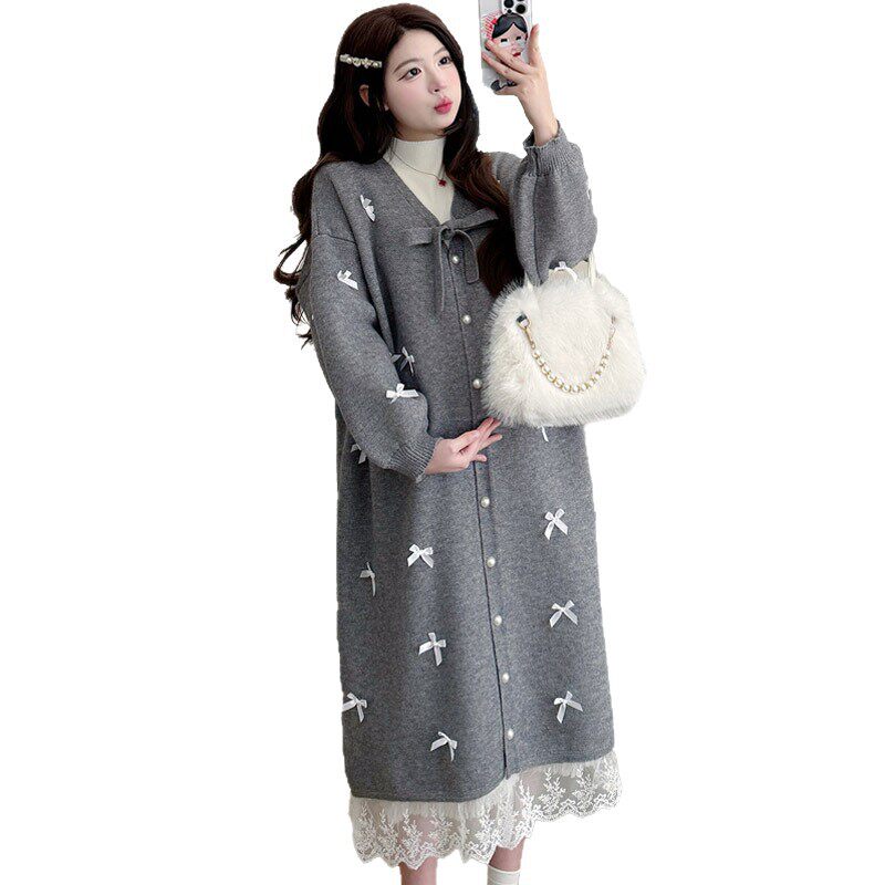 2025 Winter Thickened French Bow Spliced ​​Lace Sweater Long Jacket + Apricot Knitted Skirt Pregnant Mom Suit