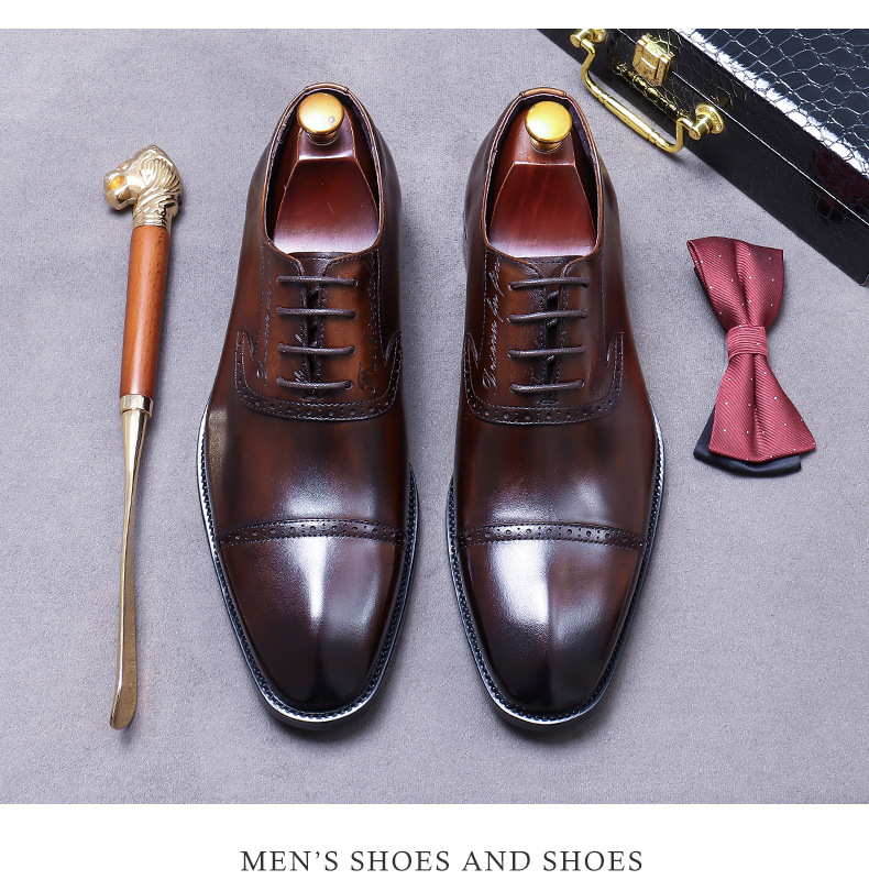 Giày Oxford nam da bò thật buộc dây mũi nhọn chạm khắc — Màu đen, Màu cà phê