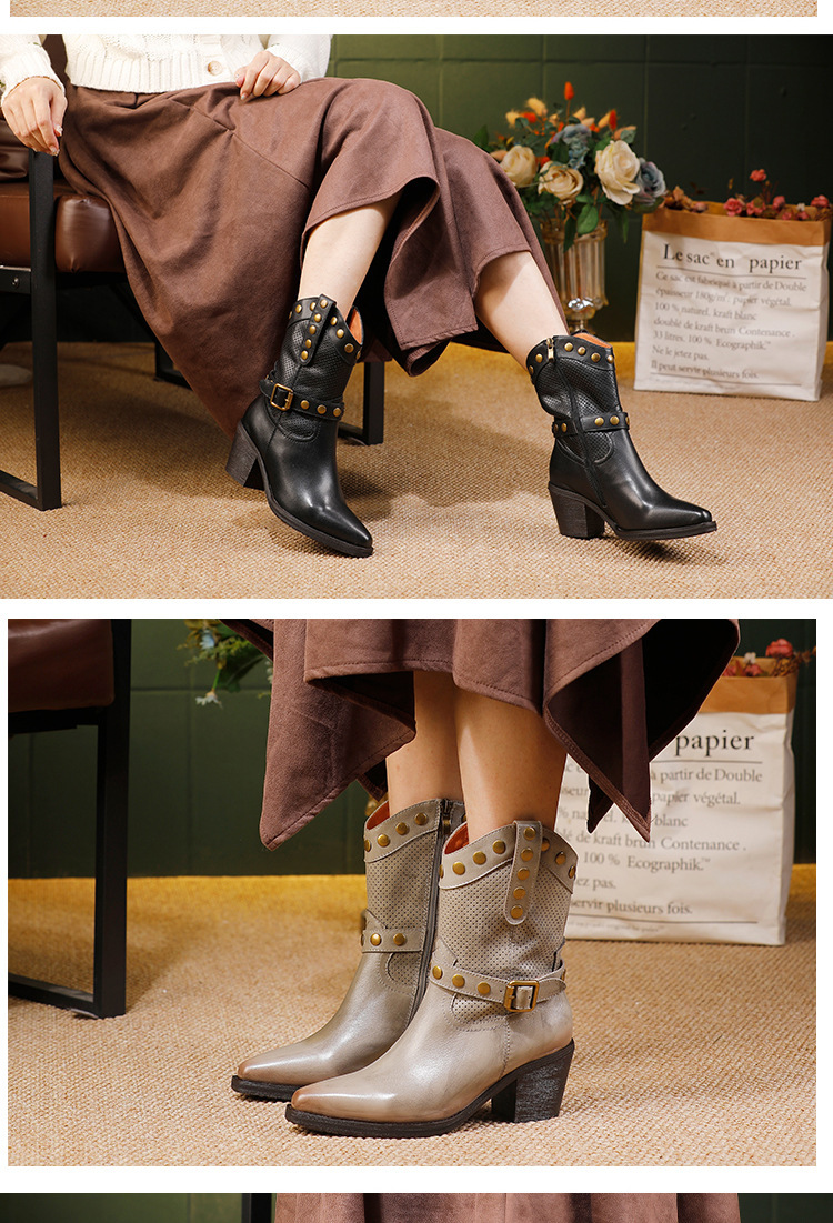 Boot nữ da bò thật cổ trung, mũi nhọn gót vừa phong cách cao bồi — màu đen, màu xám