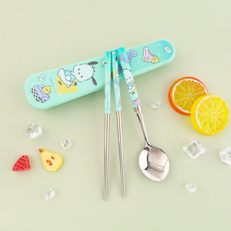 Sanrio Chopsticks Spoon suit Cartoon Storage Box Tableware Children's Primary School Girls School Three-Piece Set for One Person