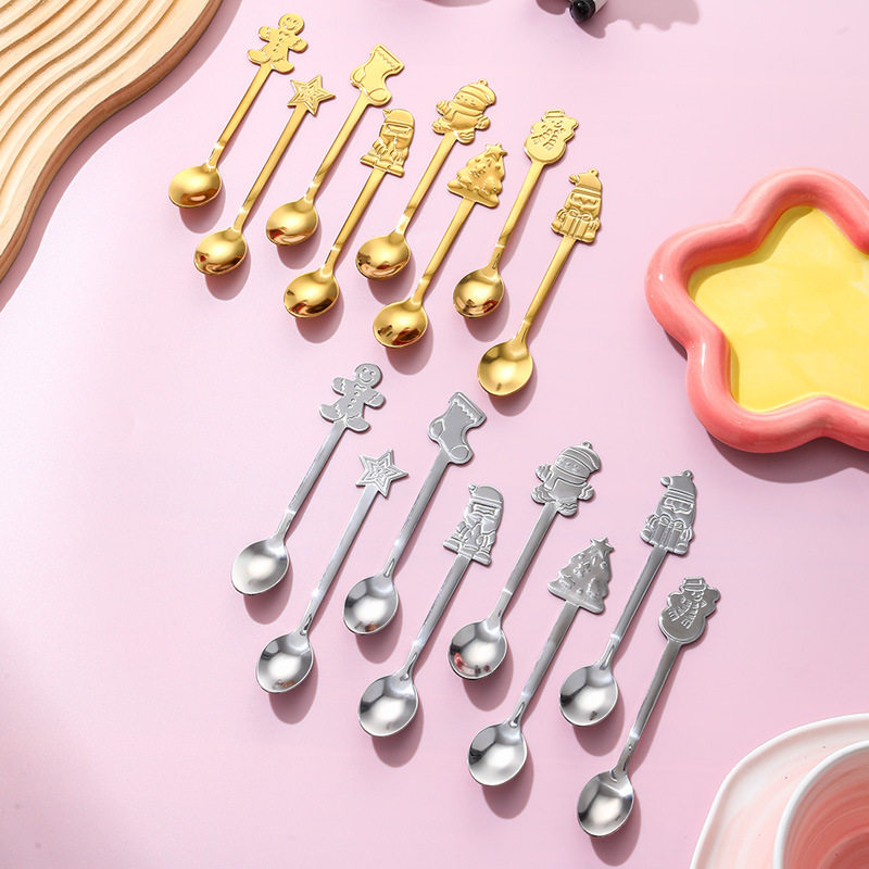 Stainless Steel Christmas Spoon Cartoon Pressed Handle Spoon Christmas Gift Gift Spoon Household Coffee Stirring Spoon Dessert Spoon