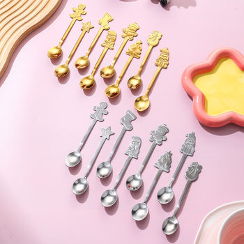 Stainless Steel Christmas Spoon Cartoon Pressed Handle Spoon Christmas Gift Gift Spoon Household Coffee Stirring Spoon Dessert Spoon