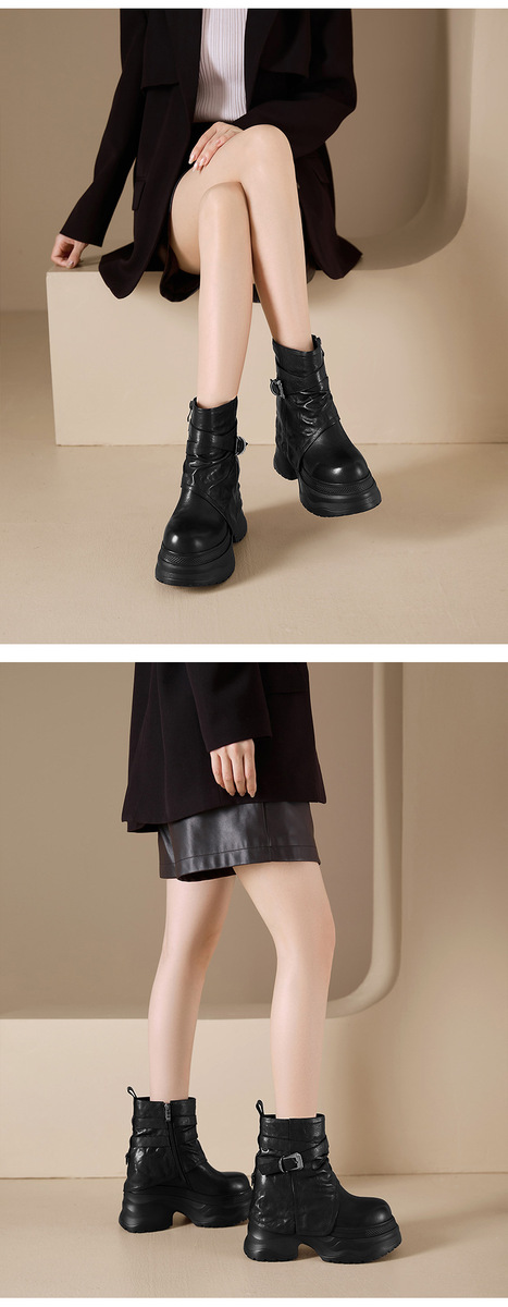 Boot nữ cổ thấp tăng chiều cao 12cm đế dày khóa kéo bên hông — Kaki lót đơn, Lớp lót đơn màu đen, Lớp lót đơn màu nâu, Lót nhung đen