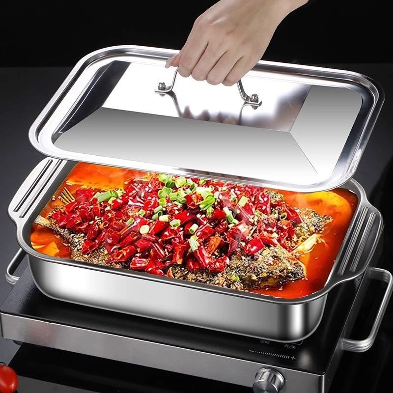 Food-Grade Stainless Steel Grilled Fish Plate with Lid Barbecue Plate Tray Square Plate Seafood Plate Camping Picnic Plate Hot Pot Plate