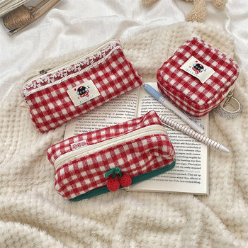 5222 New Knitted Cherry Plaid Student Stationery Pencil Bag Multifunctional Storage Cosmetic Bag Portable Sanitary Bag