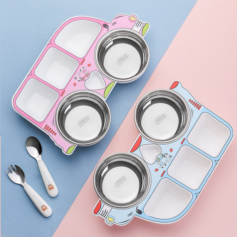 304 Stainless Steel Children's Car Dinner Plate Removable and Washable Baby Food Bowl Creative Cartoon Split Plastic Plate Set