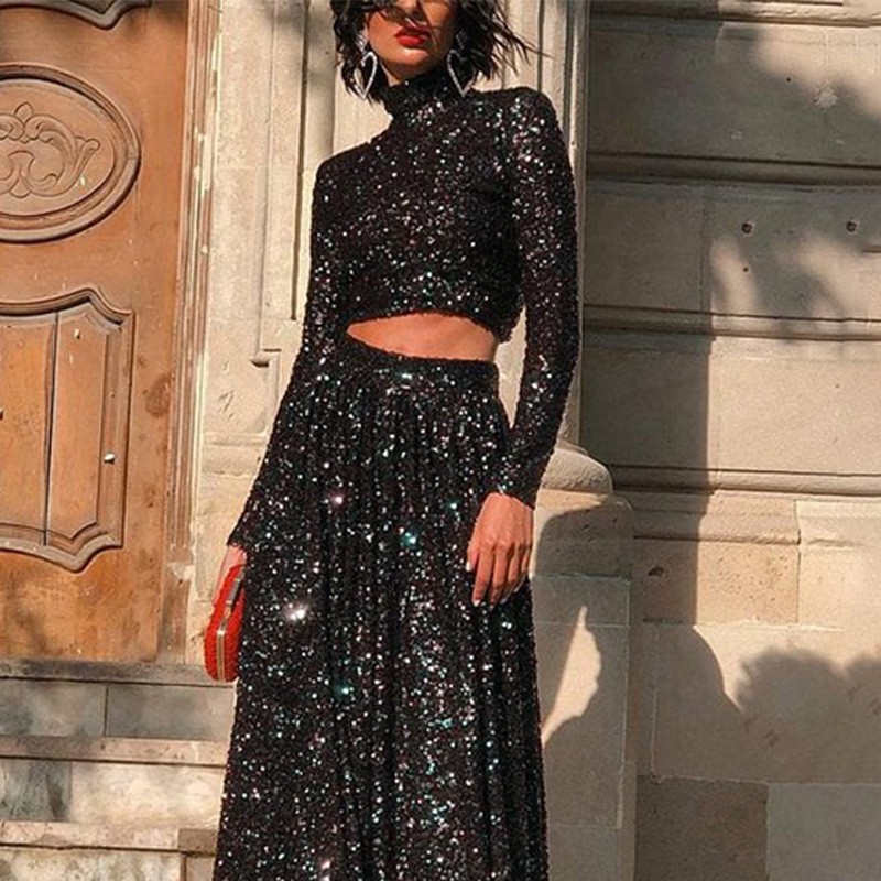 Elegant Long Sequin Dress High Neck Long Sleeve Floor Length Perfect for Spring Summer Parties Wholesale Available