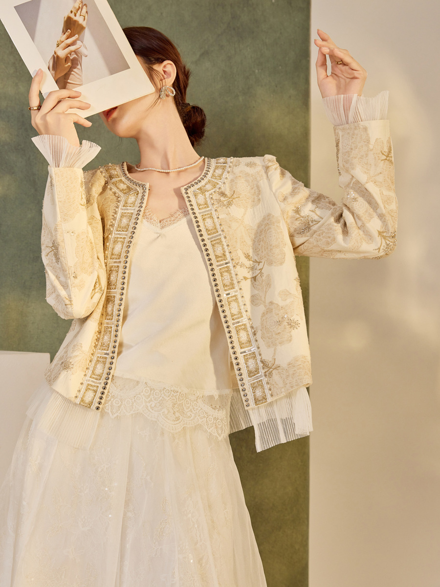 Áo khoác ngắn nữ dáng thanh lịch thêu cườm họa tiết hoa nhún bèo — Vàng Champagne (giao hàng trong 7 ngày), Vàng Champagne (giao hàng trong ngày)