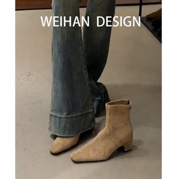 Sheepskin Version! High-End Square-Toe High-Heeled Short Boots for Women in Autumn and Winter, Elastic Slim Boots, Thick Heels, Korean Style Small Ankle Boots