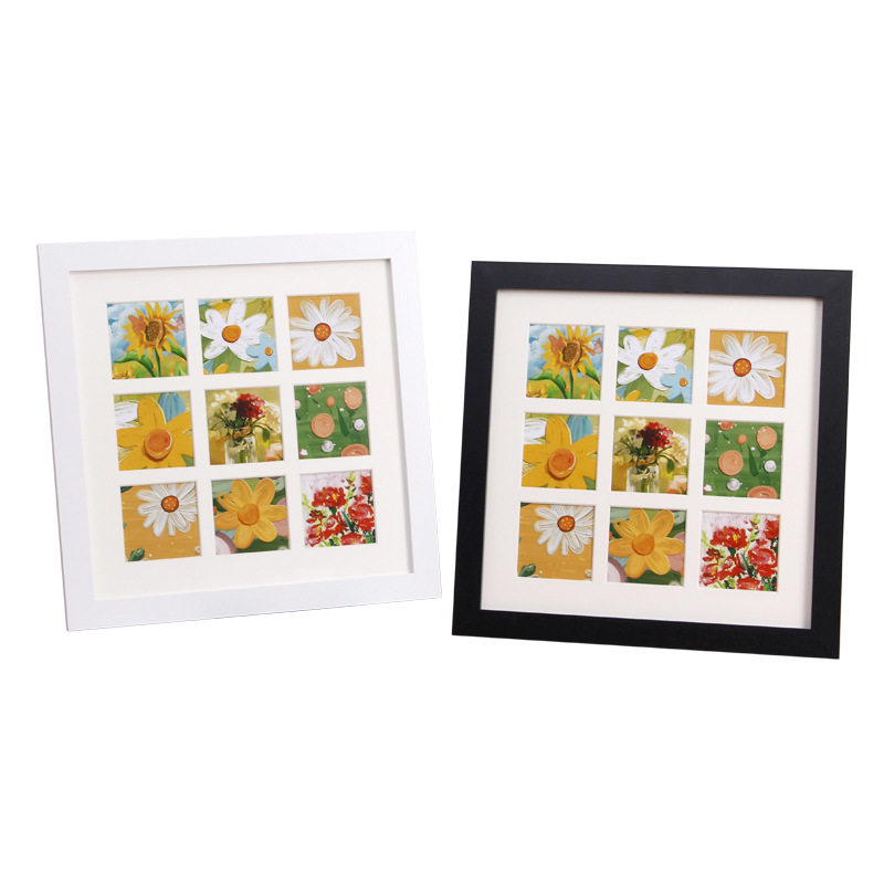 Carefully Selected Children's Handmade Painting Nine-Square Grids Photo Frame Empty Frame Square Oil Pastel Photo Frame Table Wooden Photo Frame
