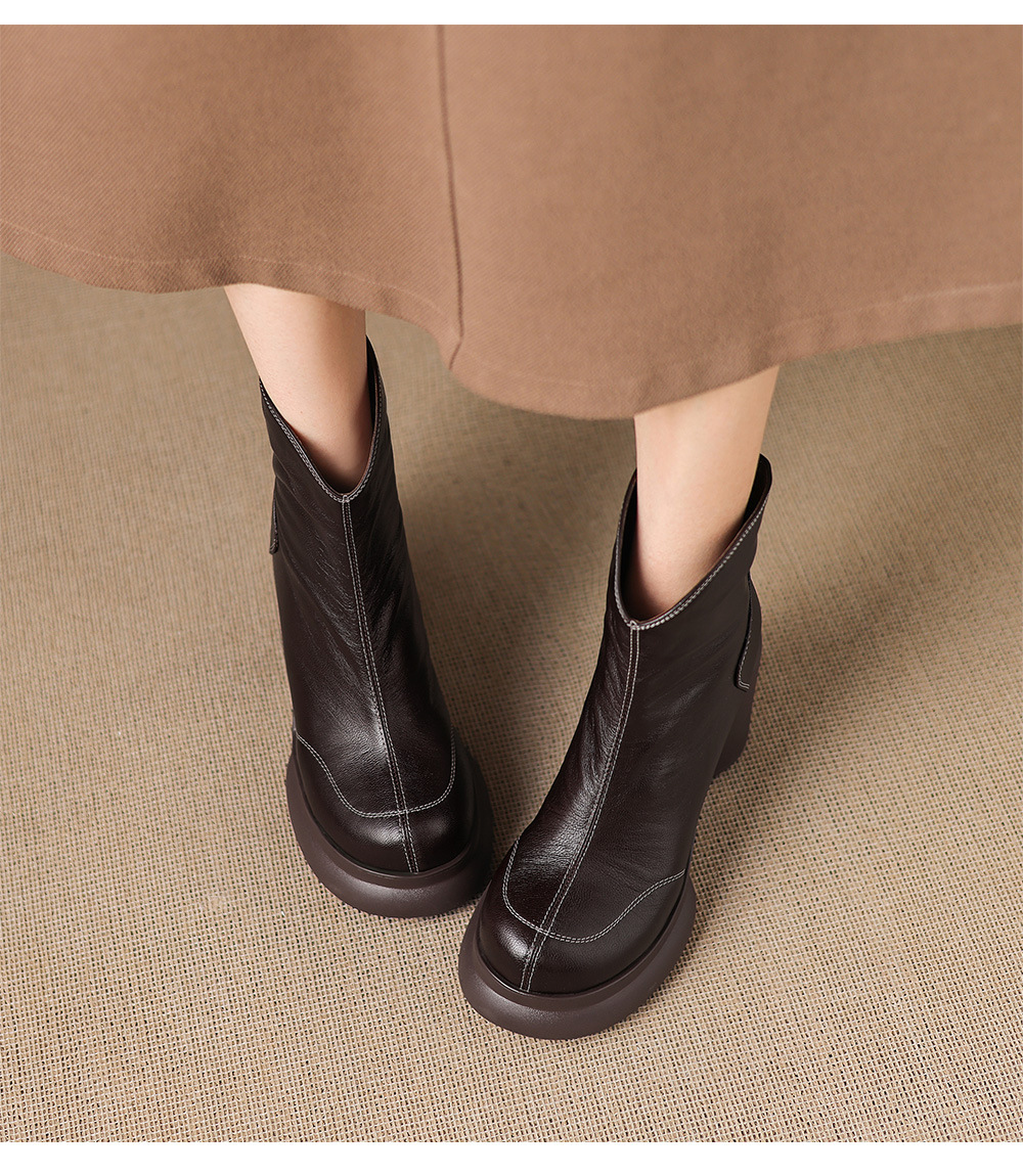 Boot nữ cổ ngắn da cừu gót thô khóa kéo sau — Lớp lót đơn màu đen, Lớp lót đơn màu nâu, Lót nhung đen, Lót nhung màu nâu