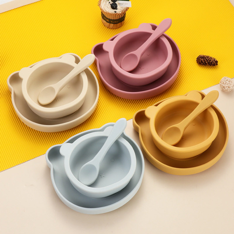 Children's Feeding Tableware Food Grade Baby Food Supplementation Suction Bowl High Temperature Resistant Drop Resistant Silicone Cartoon Baby Baby Bear Plate