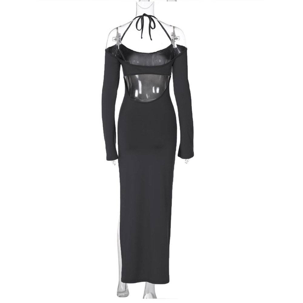 Womens Halter Neck Maxi Dress Sexy Off Shoulder Design Side Slit Lightweight Fabric Spring Summer Occasion
