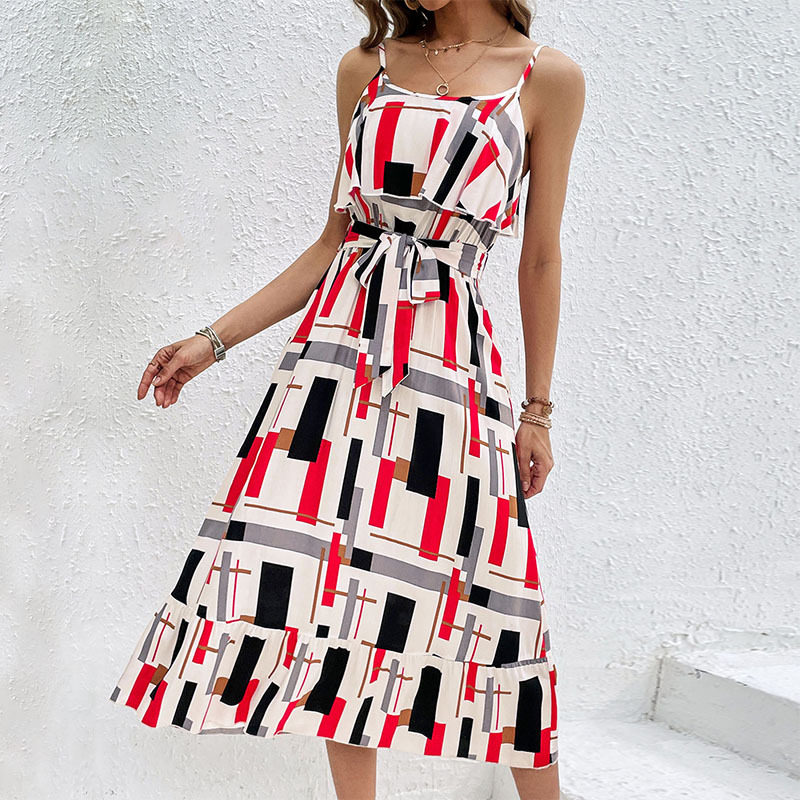 Elegant Ruffled Hem Geometric Print Maxi Dress Colorful Trendy Sleeveless Perfect for Summer Events Wholesale