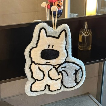 Cute Puppy Hand Towel Coral Velvet Hanging Absorbent Towel Bathroom Handkerchief Kitchen Rag Household