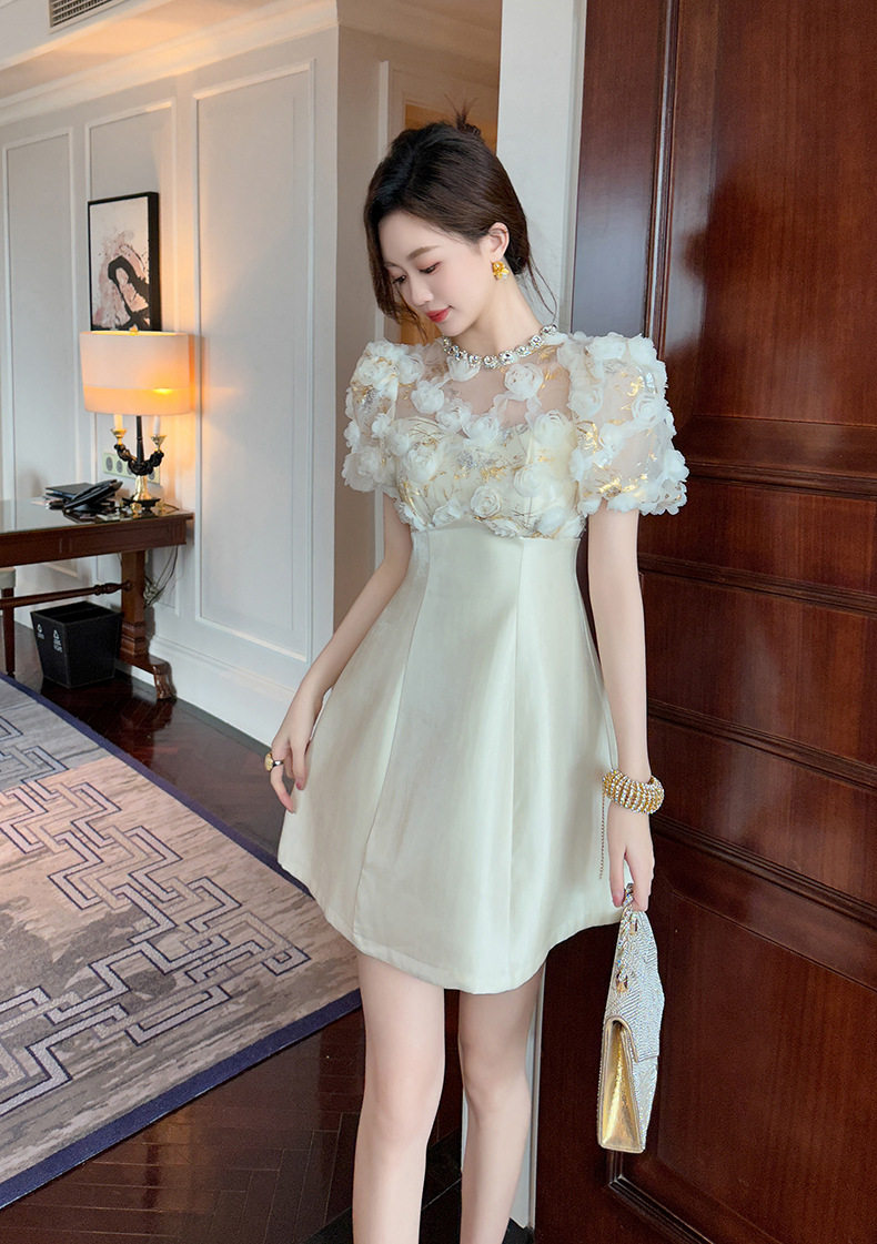 Đầm suông midi tay bồng cổ tròn phong cách Pháp họa tiết hoa — [Màu hồng đào] chi tiết 3