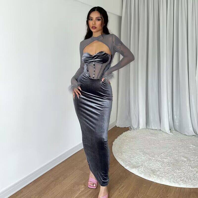 Womens Long Sleeve Sheer Mesh Dress Plush Fabric Hollow Out Design Slim Fit Nightclub Style Autumn Collection
