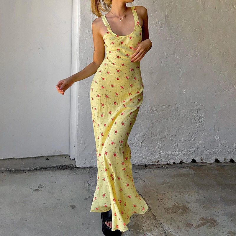 Summer Floral Print Maxi Dress Sweet Fresh Spaghetti Strap Mermaid Hem Milk Silk Fabric Beachwear Wholesale