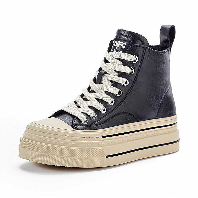 Giày Sneaker Nữ Da Bò Cao Cổ Đế Cao Khoảng 5cm Màu Nâu, Đen