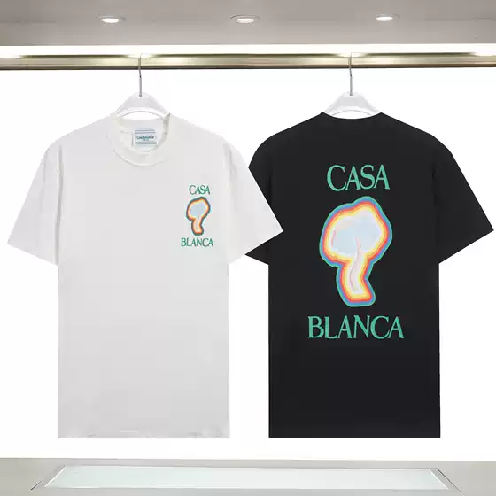 Cross-Border Trendy Brand Casabaranka Rainbow Mushroom Letter Logo Digital Printing Casablanca Couple Short Sleeves