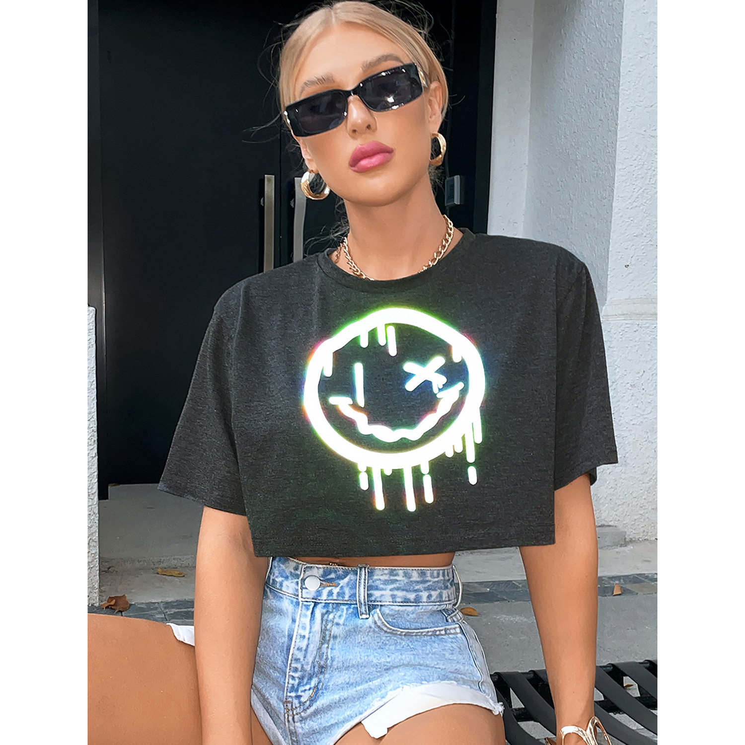 Reflective Short Sleeve T Shirt Trendy Smile Print Versatile Spring Summer Style Wholesale Available
