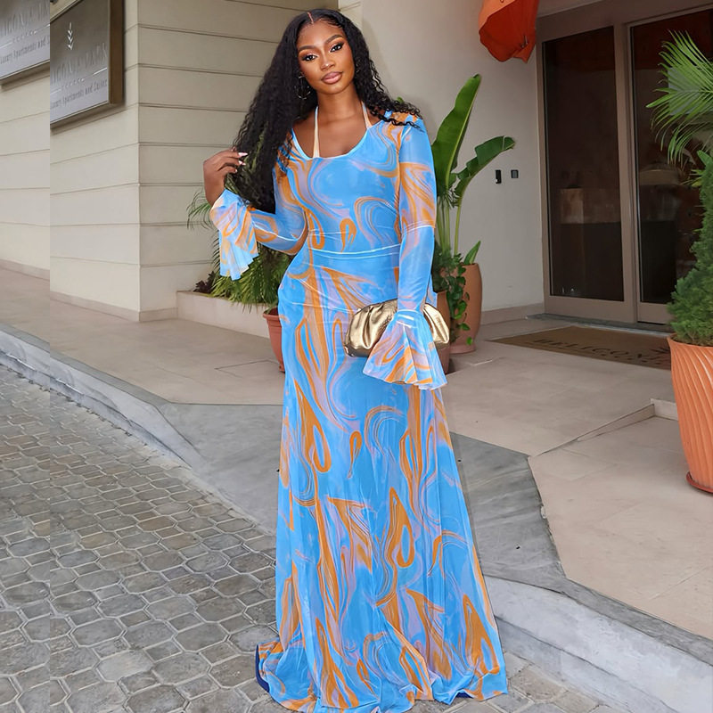 Tie Dye Maxi Dress Lightweight Sheer Slim Fit Flared Sleeves Casual Wear for Spring Summer Wholesale Available