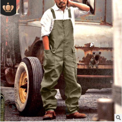 Q017欧美2021外贸跨境男装 新款四季纯色宽松直筒工装休闲背带裤