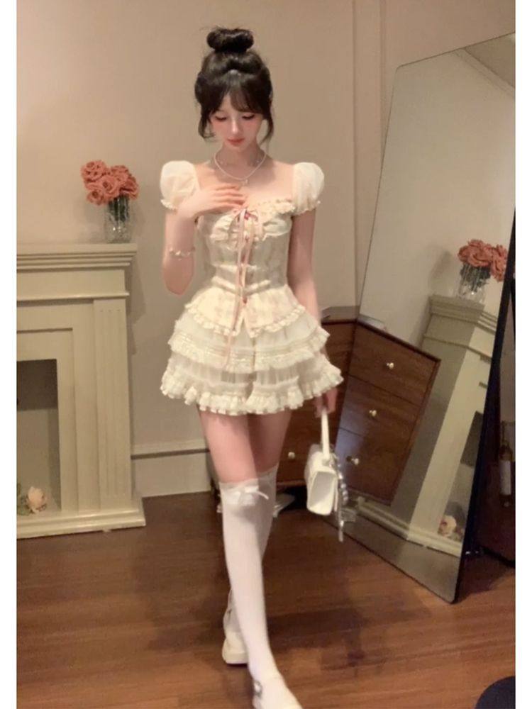 Pastoral Princess 2.0 Summer Ballet Style Sweet Top Puff Skirt Waist Slimming Hot Girl Skirt Two-Piece Set