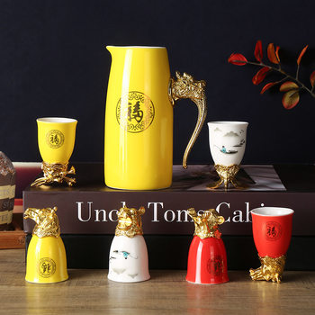 Chinese Style Ceramic Wine Set Zodiac Beast Head Set Gold-plated Gift LOGO Small Mouth 12 Wine Glass Wine Dispenser White Wine