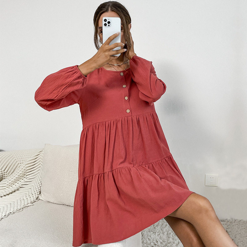 Loose Fit Long Sleeve Dress Cotton Linen Blend Pleated Design Vibrant Red Casual Wear for Spring and Summer