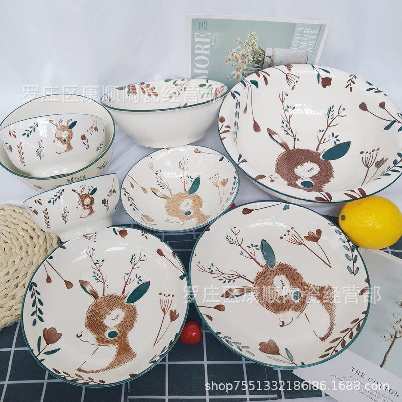 Ceramic bowls and plates wholesale stall Net red deer a deer have you home ceramic bowl soup ancient soup basin ceramic plate