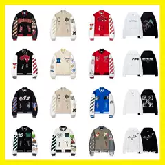 Cross-Border Off Heavy-Duty Embroidered Patchwork Leather Baseball Jacket Ow European and American Trendy Brand Youth Street Fashion Jacket Couple's Outerwear