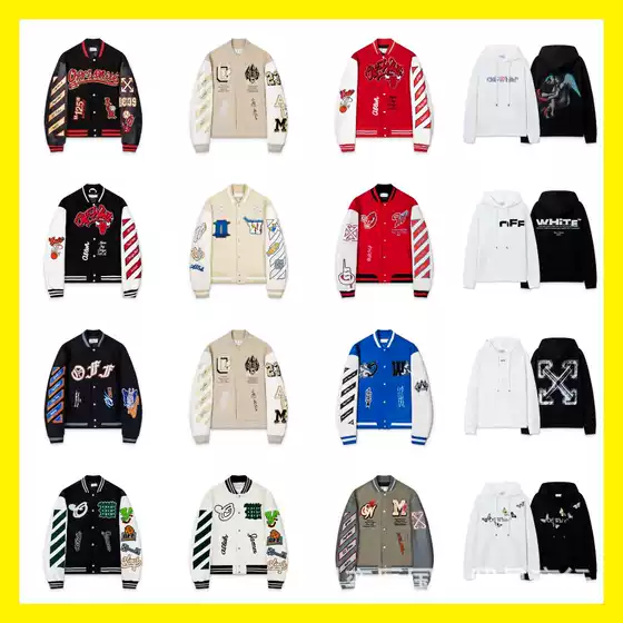 Cross-Border Off Heavy-Duty Embroidered Patchwork Leather Baseball Jacket Ow European and American Trendy Brand Youth Street Fashion Jacket Couple's Outerwear