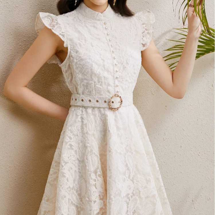 French Court Style Summer Dress Elegant Sheer Fabric Floral Lace Belted Flattering Fit Perfect for Parties and