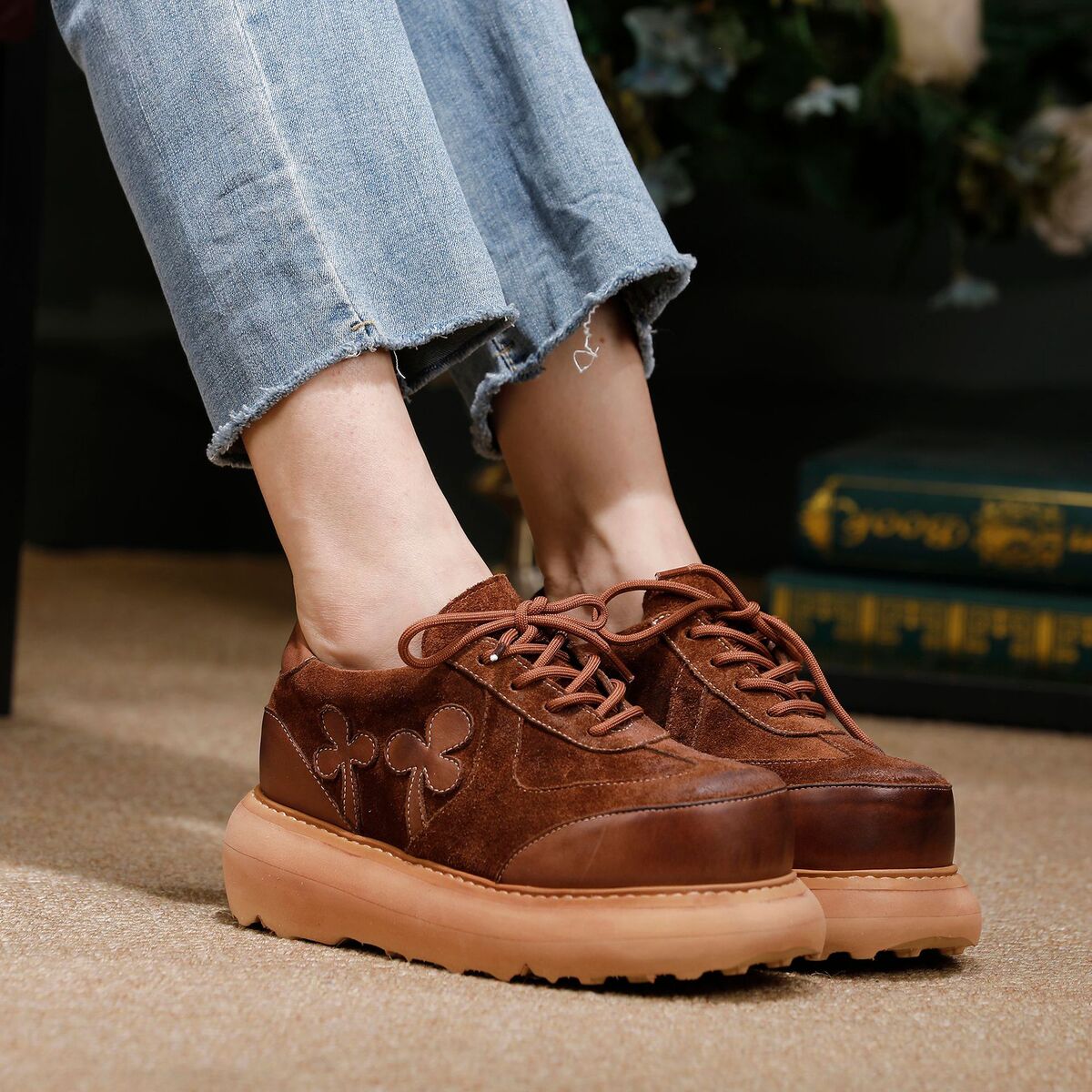 Giày lười nữ da bò thật đế dày 4cm êm chân phong cách cổ điển — Màu cà phê, Màu kaki