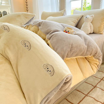 New High-Weight Milk Velvet Four-Piece Winter Thickeneded Double-Sided Bed Sheetss Single Quilt Cover Flannel Fleece-Lined Three-Piece Set
