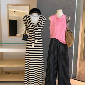 Wgwe6819 Striped Contrast Color Lazy Retro Slimming Style Striped Waist Design Dress Two-Piece Set