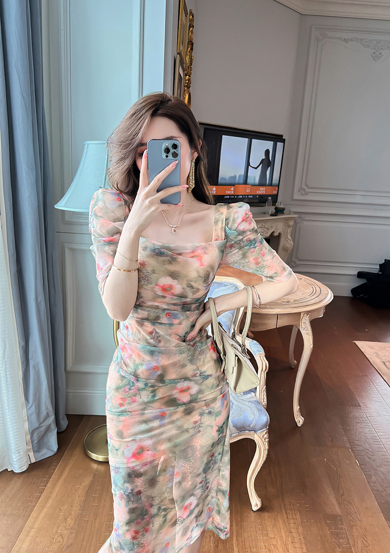 Đầm maxi nữ thắt eo cổ vuông họa tiết hoa retro Pháp — [Xanh lá] chi tiết 5