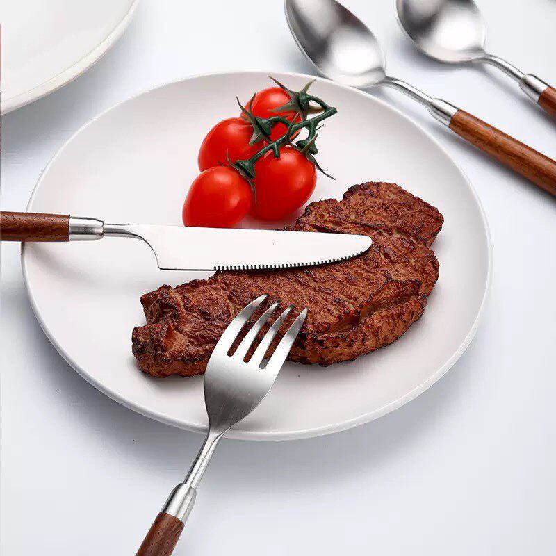 304 Stainless Steel Knife, Fork and Spoon Tableware Set Walnut Handle Household Western Tableware Steak Knife and Fork Dessert Spoon and Fork