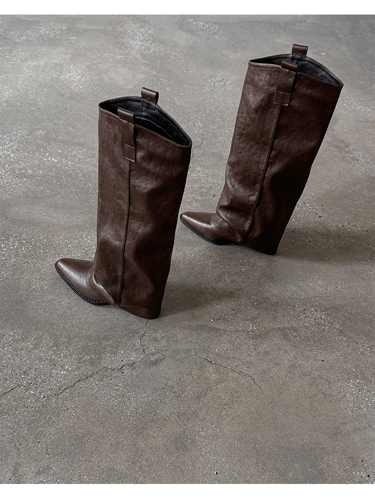 Boot nữ cổ cao gót thô mũi nhọn phối khóa kéo da bò — Lót nhung đen, Lót nhung màu nâu, màu đen, Màu nâu