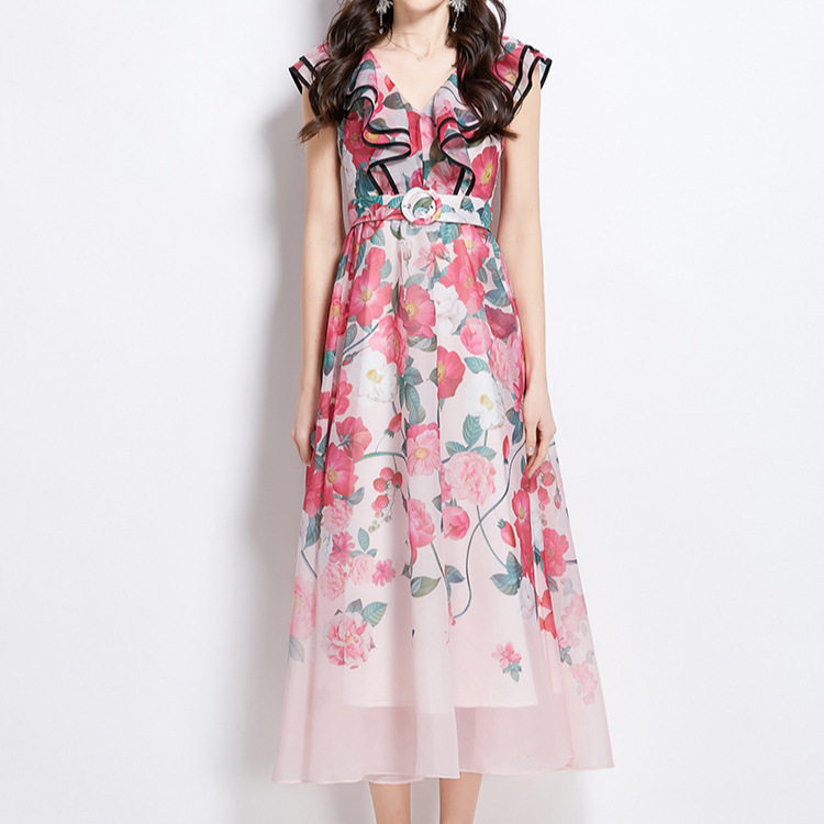 Elegant Summer Dress for Women Ruffled Hem V Neck Waist Defining Floral Print Flowy Maxi Perfect for Parties and