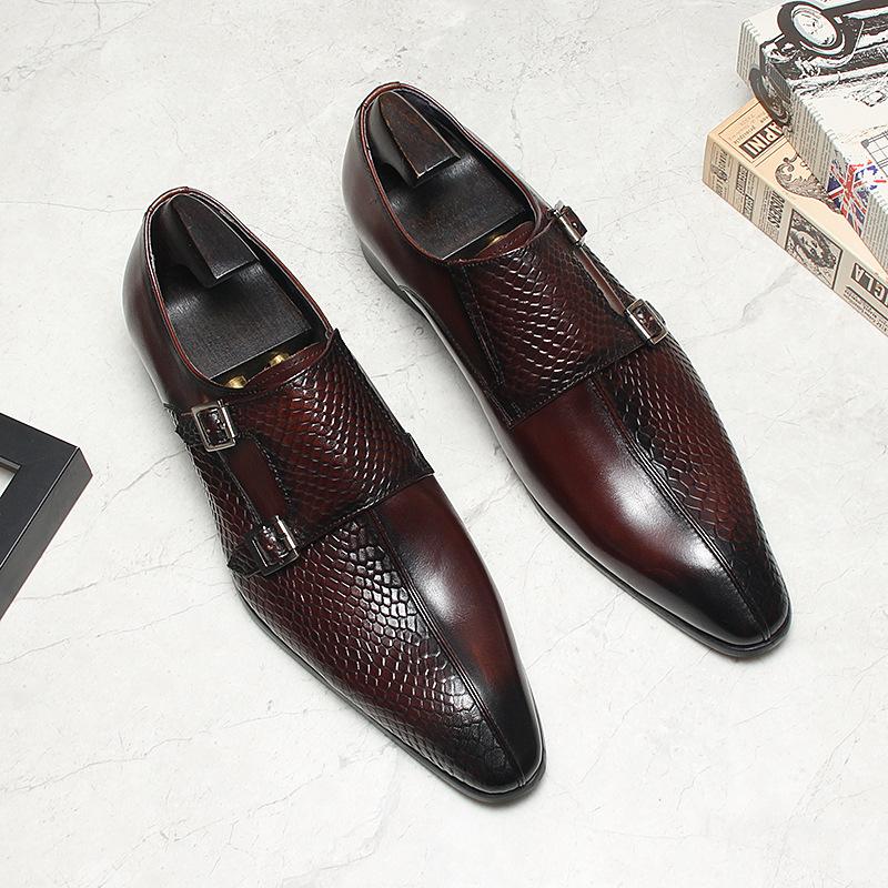 Giày da nam monk strap khóa đôi mũi nhọn da bò thật — màu đen, Màu đỏ rượu