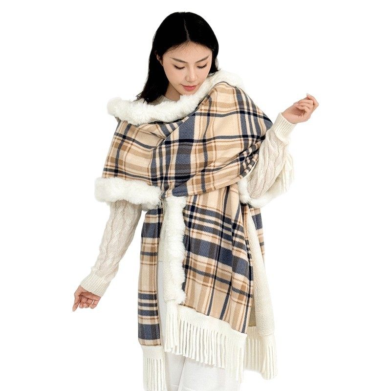 Autumn and Winter Popular Hooded Fur Collar Cape Shawl Blanket Imitation Cashmere Thickeneded Fleece-Lined High-End Autumn and Winter Warm Coat