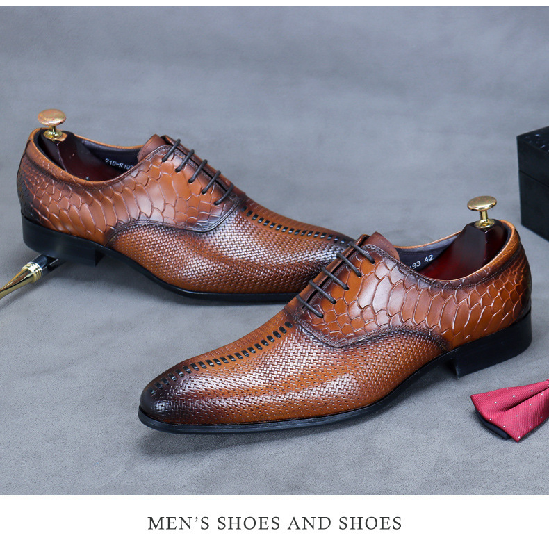Giày Oxford nam da bò mũi nhọn buộc dây phong cách công sở — Màu nâu, Màu đen, Màu Kaki